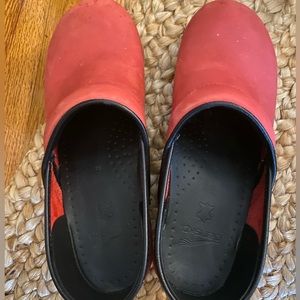 Dansko professional clogs, red burnished suede, size 10